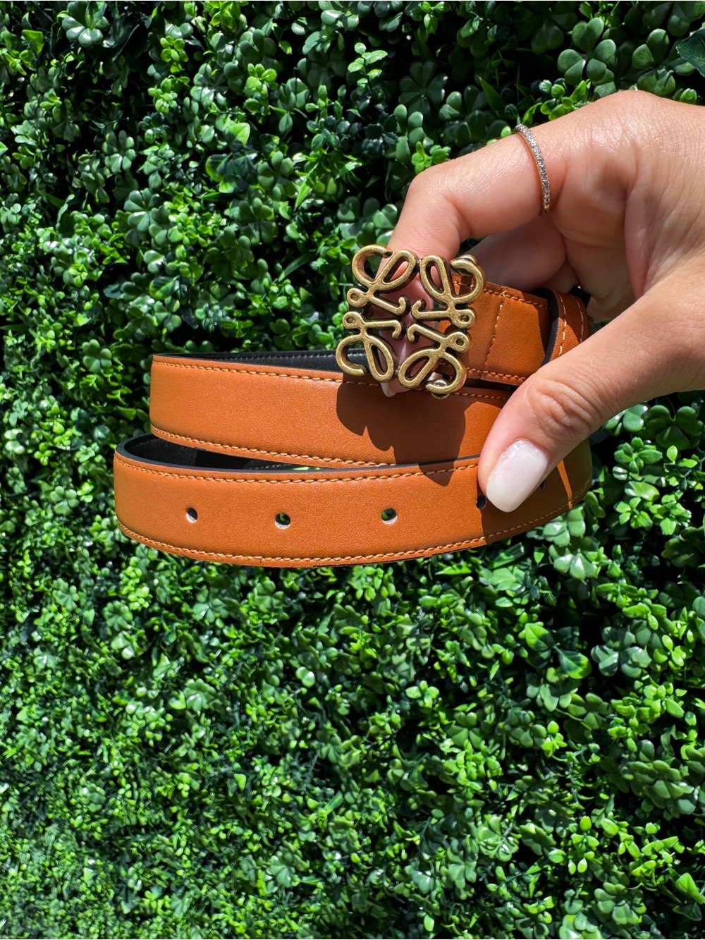 Cognac Leather Belt with Anagram Brass Buckle